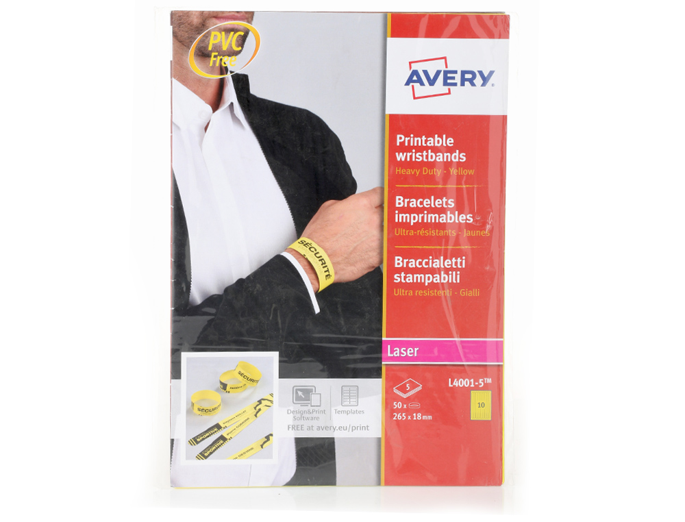 PULSERA IDENTIFICATIVA AVERY POLIETILENO AMARILLO FLUORESCENTE IMPRIMIBLE LASER 265X18 MM PACK DE 50 UNIDADES