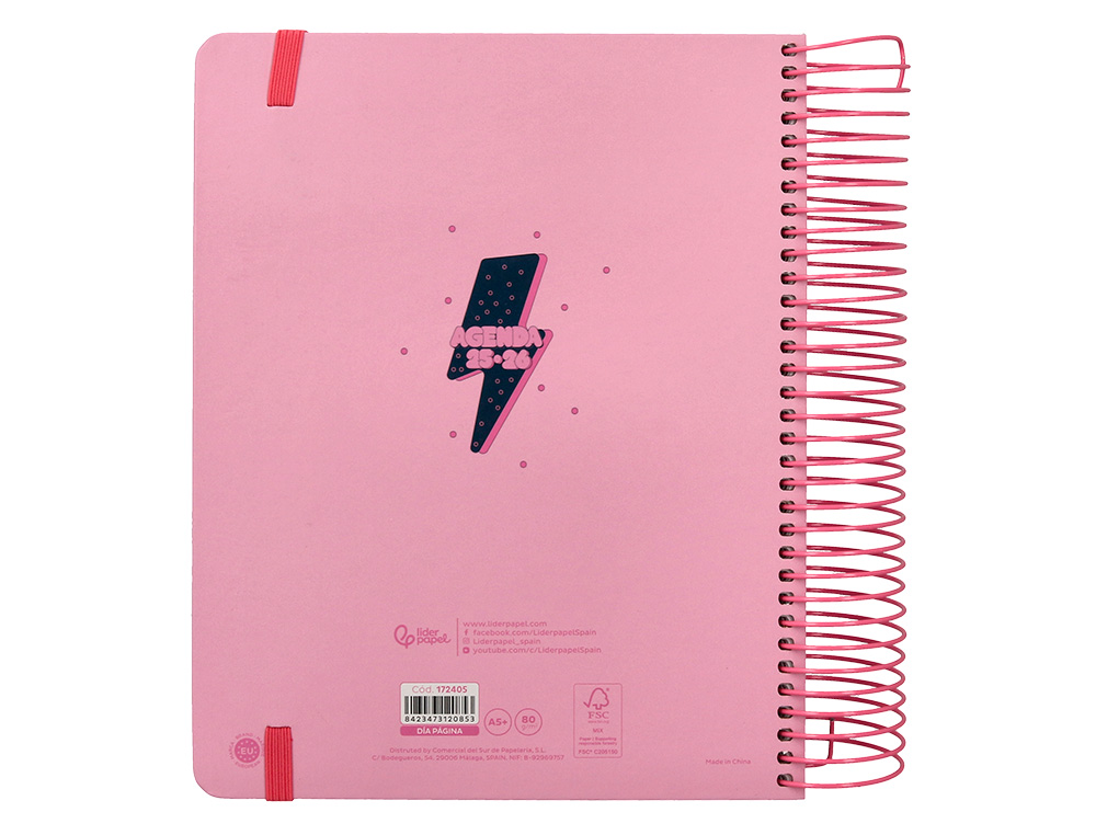 AGENDA ESCOLAR LIDERPAPEL 25-26 ESPIRAL PATTERNS RAYOS ROSA DIA PAGINA A5 BILINGÜE PAPEL FSC 80 GR