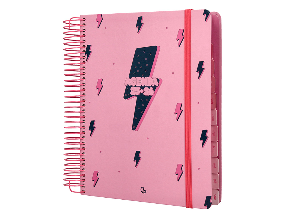 AGENDA ESCOLAR LIDERPAPEL 25-26 ESPIRAL PATTERNS RAYOS ROSA DIA PAGINA A5 BILINGÜE PAPEL FSC 80 GR