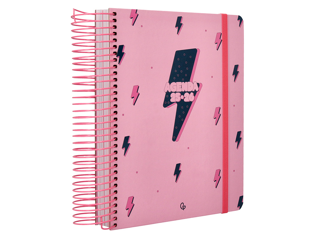 AGENDA ESCOLAR LIDERPAPEL 25-26 ESPIRAL PATTERNS RAYOS ROSA DIA PAGINA A5 BILINGÜE PAPEL FSC 80 GR
