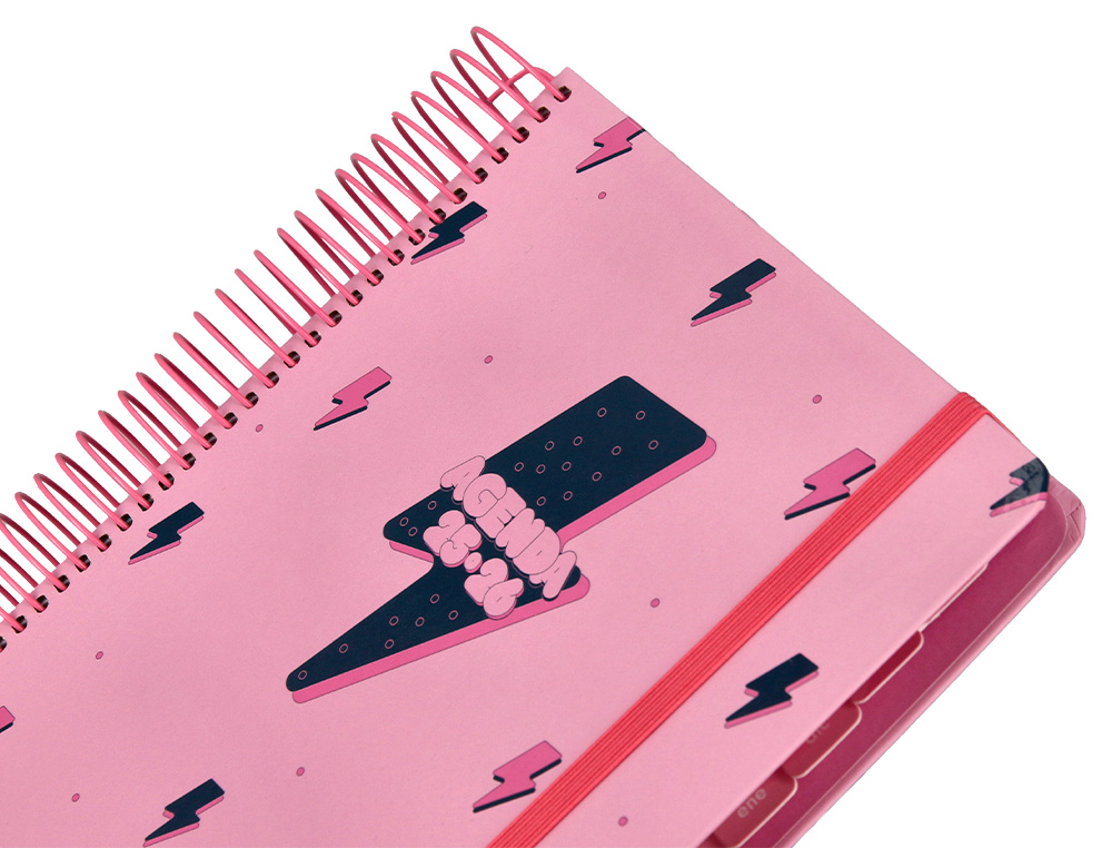 AGENDA ESCOLAR LIDERPAPEL 25-26 ESPIRAL PATTERNS RAYOS ROSA DIA PAGINA A5 BILINGÜE PAPEL FSC 80 GR