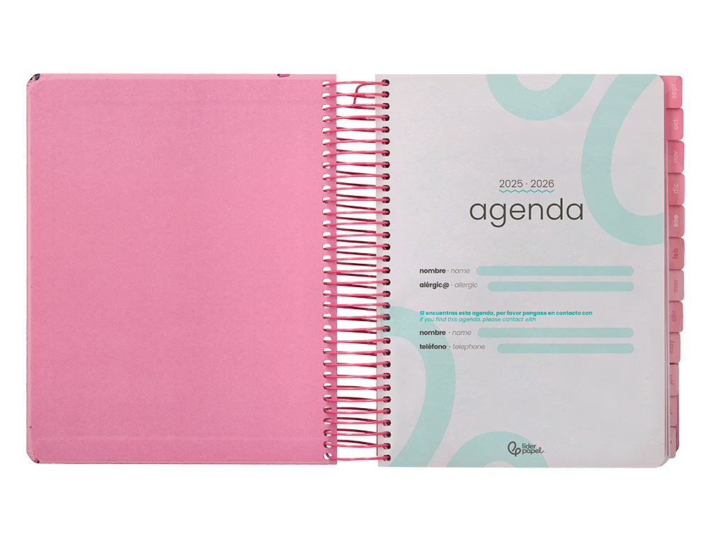 AGENDA ESCOLAR LIDERPAPEL 25-26 ESPIRAL PATTERNS RAYOS ROSA DIA PAGINA A5 BILINGÜE PAPEL FSC 80 GR