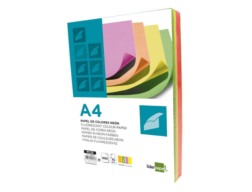 PAPEL COLOR LIDERPAPEL A4 75GR NEON 4 COLORES SURTIDOS PAQUETE DE 500 HOJAS