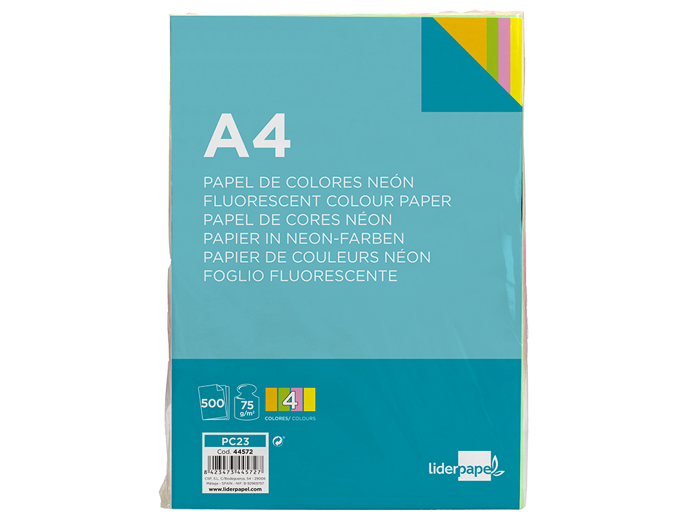 PAPEL COLOR LIDERPAPEL A4 75GR NEON 4 COLORES SURTIDOS PAQUETE DE 500 HOJAS