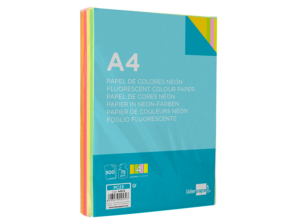 PAPEL COLOR LIDERPAPEL A4 75GR NEON 4 COLORES SURTIDOS PAQUETE DE 500 HOJAS