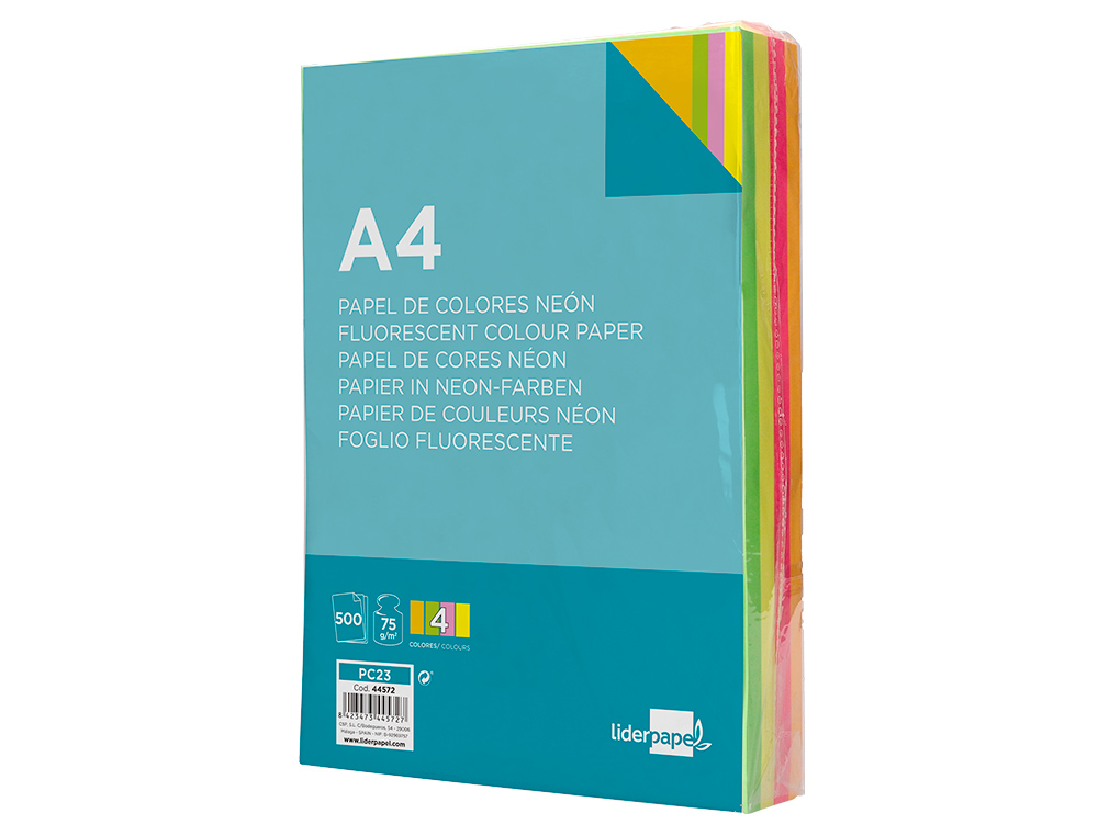 PAPEL COLOR LIDERPAPEL A4 75GR NEON 4 COLORES SURTIDOS PAQUETE DE 500 HOJAS