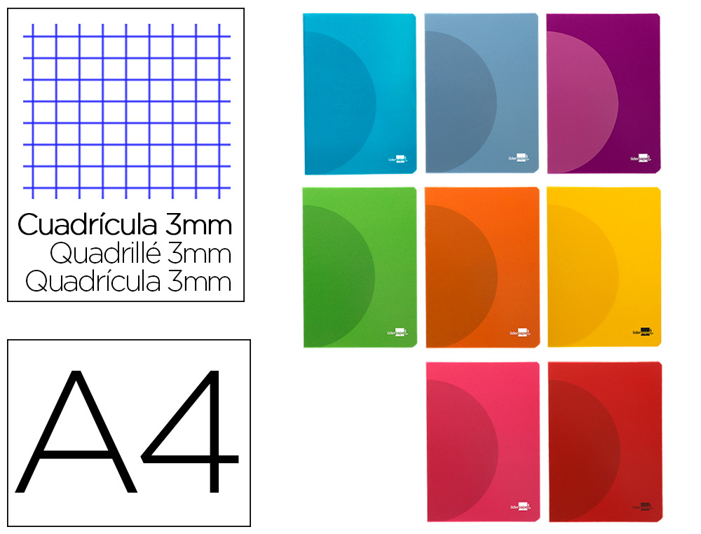 LIBRETA LIDERPAPEL 360 TAPA DE PLASTICO A4 48 HOJAS 90G/M2 CUADRO 3 MM CON MARGEN COLORES SURTIDOS
