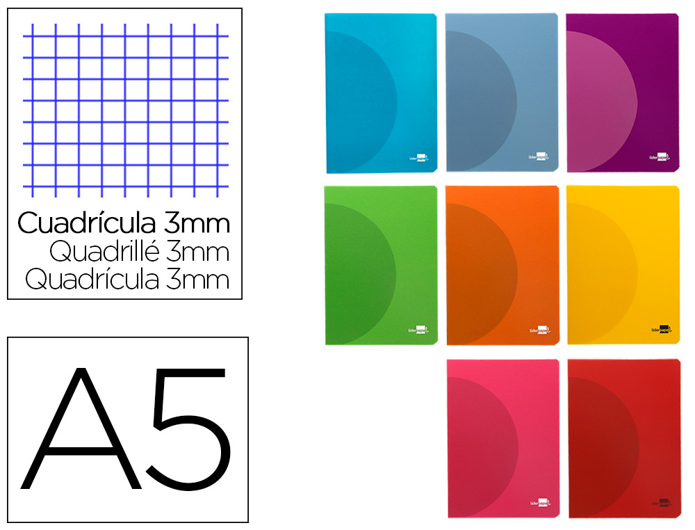 LIBRETA LIDERPAPEL 360 TAPA DE PLASTICO A5 48 HOJAS 90G/M2 CUADRO 3 MM CON MARGEN COLORES SURTIDOS