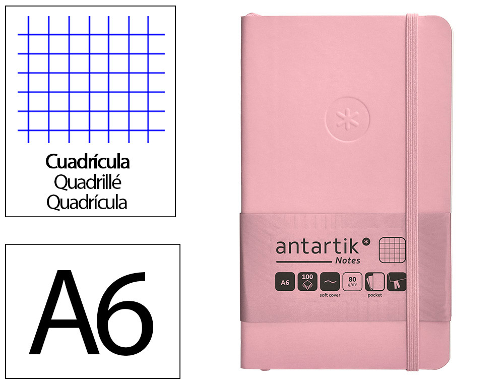 CUADERNO CON GOMILLA ANTARTIK NOTES TAPA BLANDA A6 CUADRICULA ROSA PASTEL 100 HOJAS 80 GR FSC