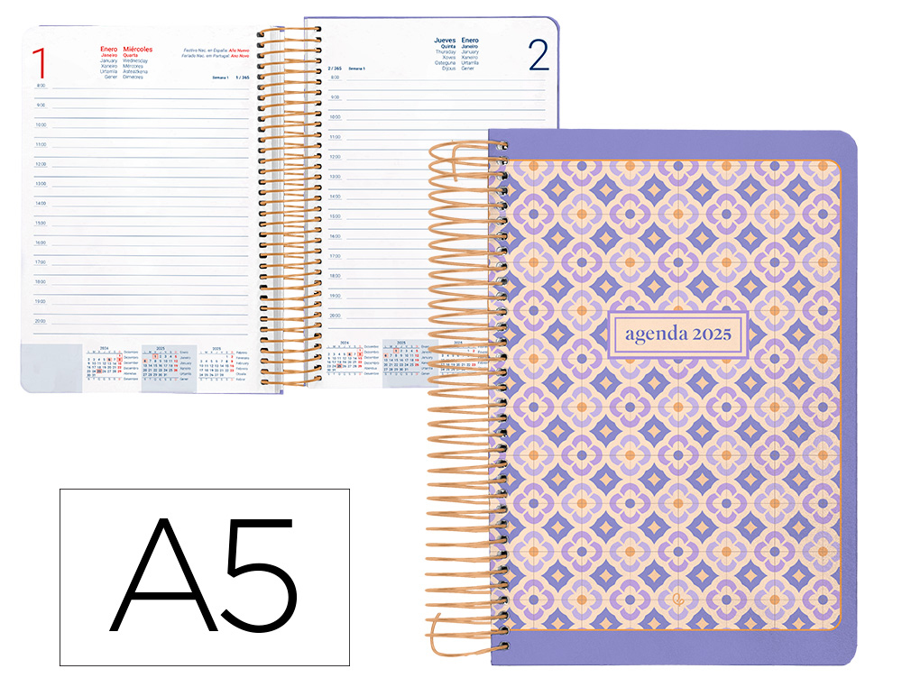 AGENDA ESPIRAL LIDERPAPEL PERISSA A5 2025 DIA PAGINA COLOR MORADO PAPEL 80 GR