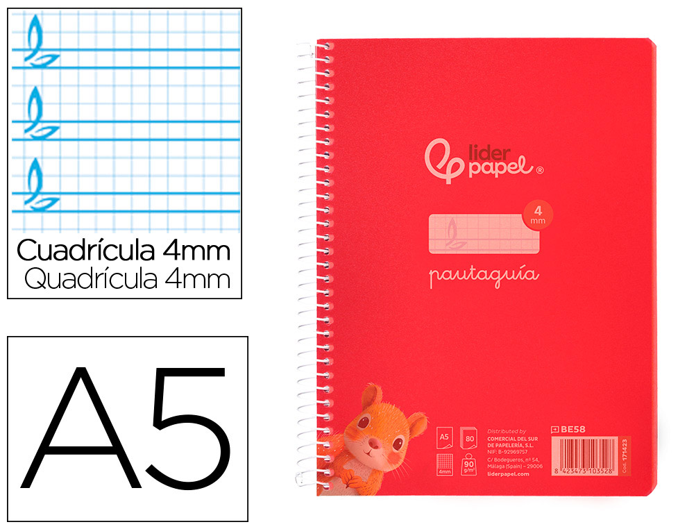 CUADERNO ESPIRAL LIDERPAPEL DIN A5 PAUTAGUIA TAPA PLASTICO 80H 90GR CUADRO PAUTADO 4MM CON MARGEN COLOR ROJO