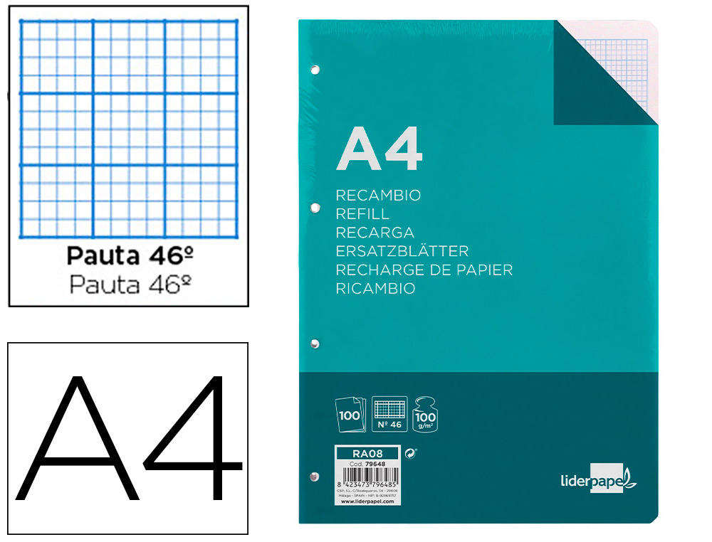 RECAMBIO LIDERPAPEL A4 100 HOJAS 100 G/M2 RAYADO N 46 4 TALADROS