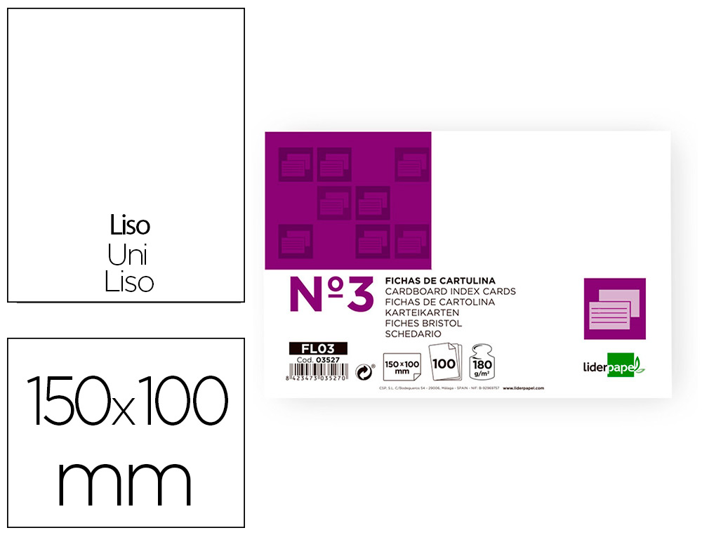 FICHA LIDERPAPEL LISA N3 100X150MM PAQUETE DE 100 180G