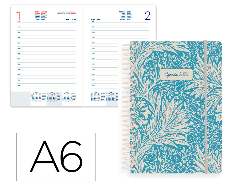 AGENDA ESPIRAL LIDERPAPEL SANTORINI A6 2026 DIA PAGINA AZUL PAPEL 60 GR FSC
