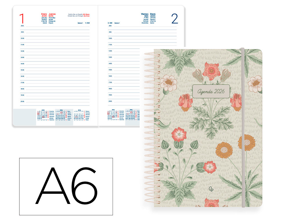 AGENDA ESPIRAL LIDERPAPEL SANTORINI A6 2026 DIA PAGINA CREMA 2 PAPEL 60 GR FSC