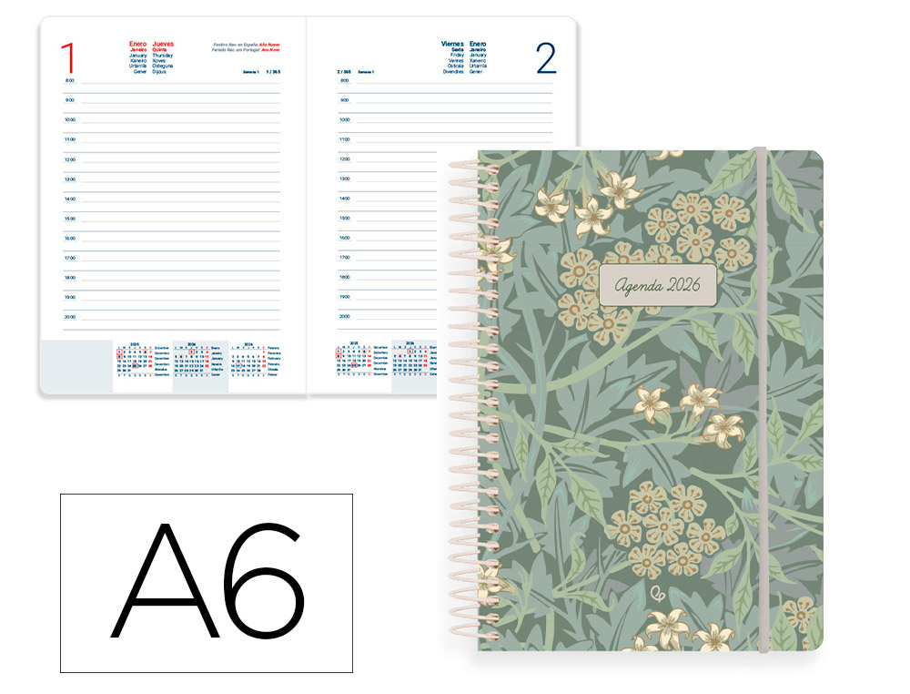 AGENDA ESPIRAL LIDERPAPEL SANTORINI A6 2026 DIA PAGINA VERDE PAPEL 60 GR FSC