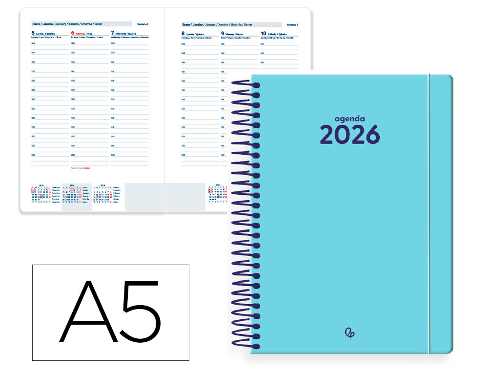 AGENDA ESPIRAL LIDERPAPEL CLASSIC A5 2026 SEMANA VISTA AZUL CLARO PAPEL 70 GR FSC