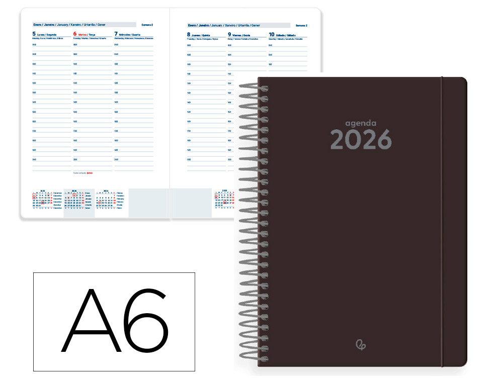 AGENDA ESPIRAL LIDERPAPEL CLASSIC A6 2026 SEMANA VISTA NEGRO PAPEL 70 GR FSC