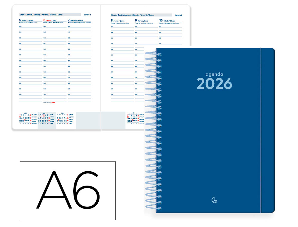 AGENDA ESPIRAL LIDERPAPEL CLASSIC A6 2026 SEMANA VISTA AZUL OSUCURO PAPEL 70 GR FSC