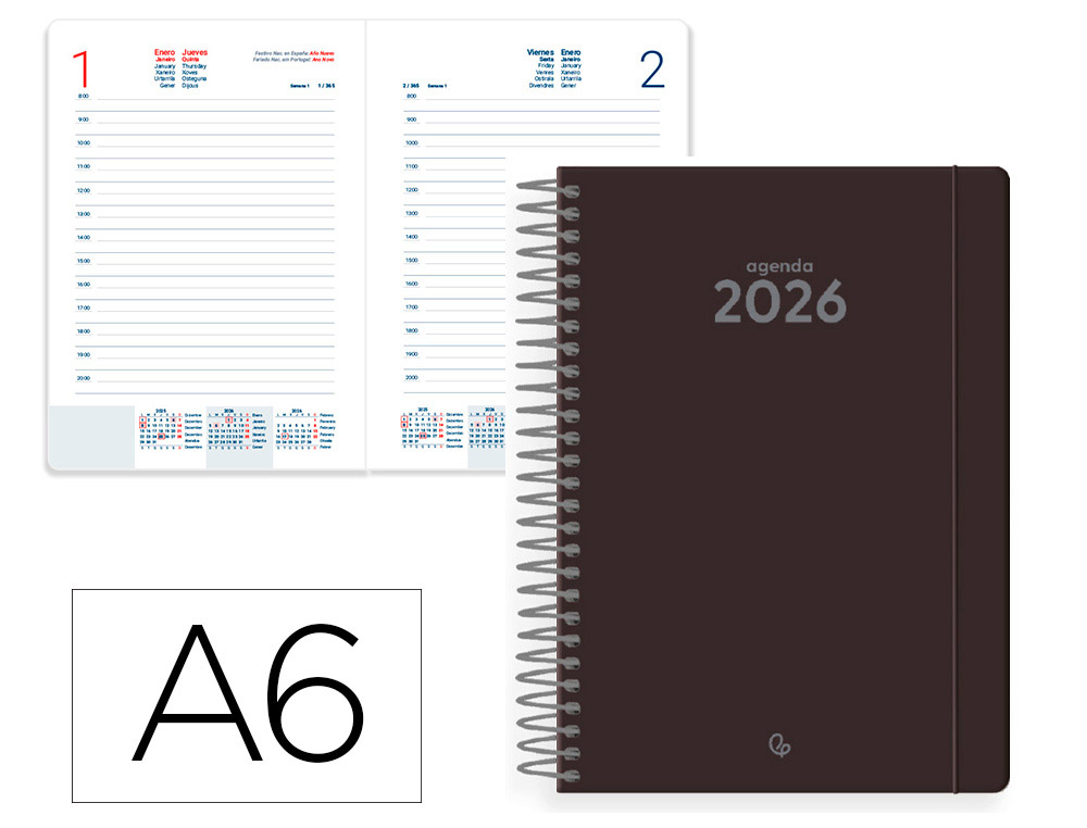 AGENDA ESPIRAL LIDERPAPEL CLASSIC A6 2026 DIA PAGINA NEGRO PAPEL 70 GR FSC
