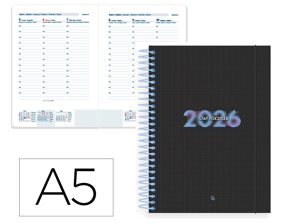 AGENDA ESPIRAL LIDERPAPEL KIMOLOS A6 2026 SEMANA VISTA FOCUS PAPEL 70 GR FSC